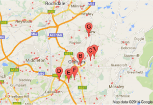 Map of supermarkets in the Oldham area